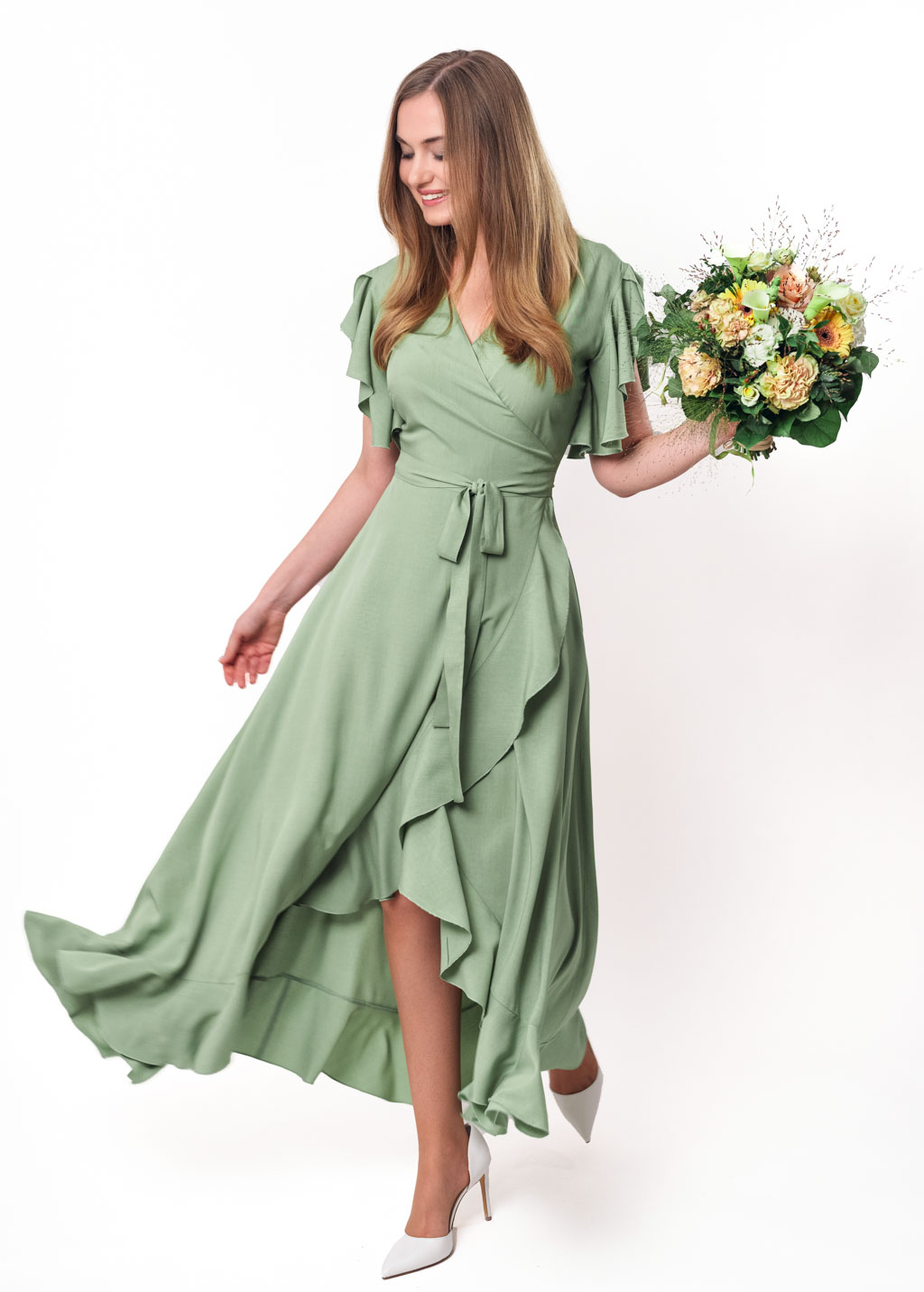 Sage green romantic wrap around dress