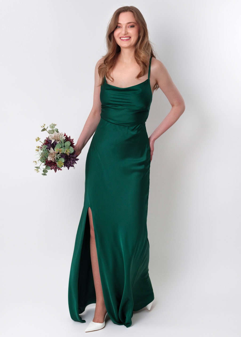 Dark green silk slip slit dress