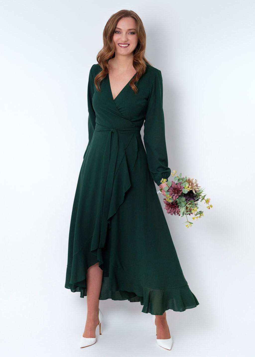 Dark green chiffon wrap dress