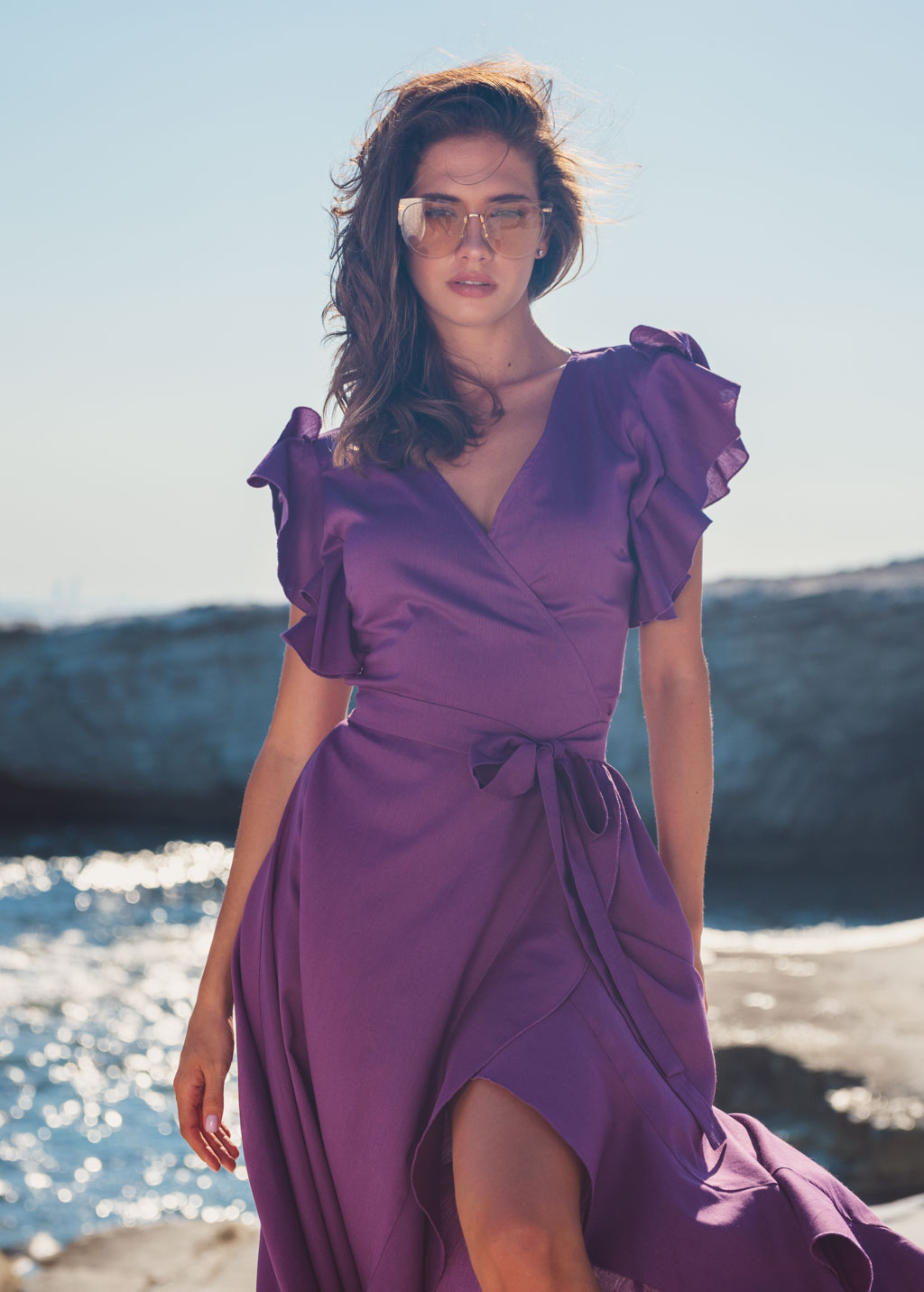 Purple linen wrap dress