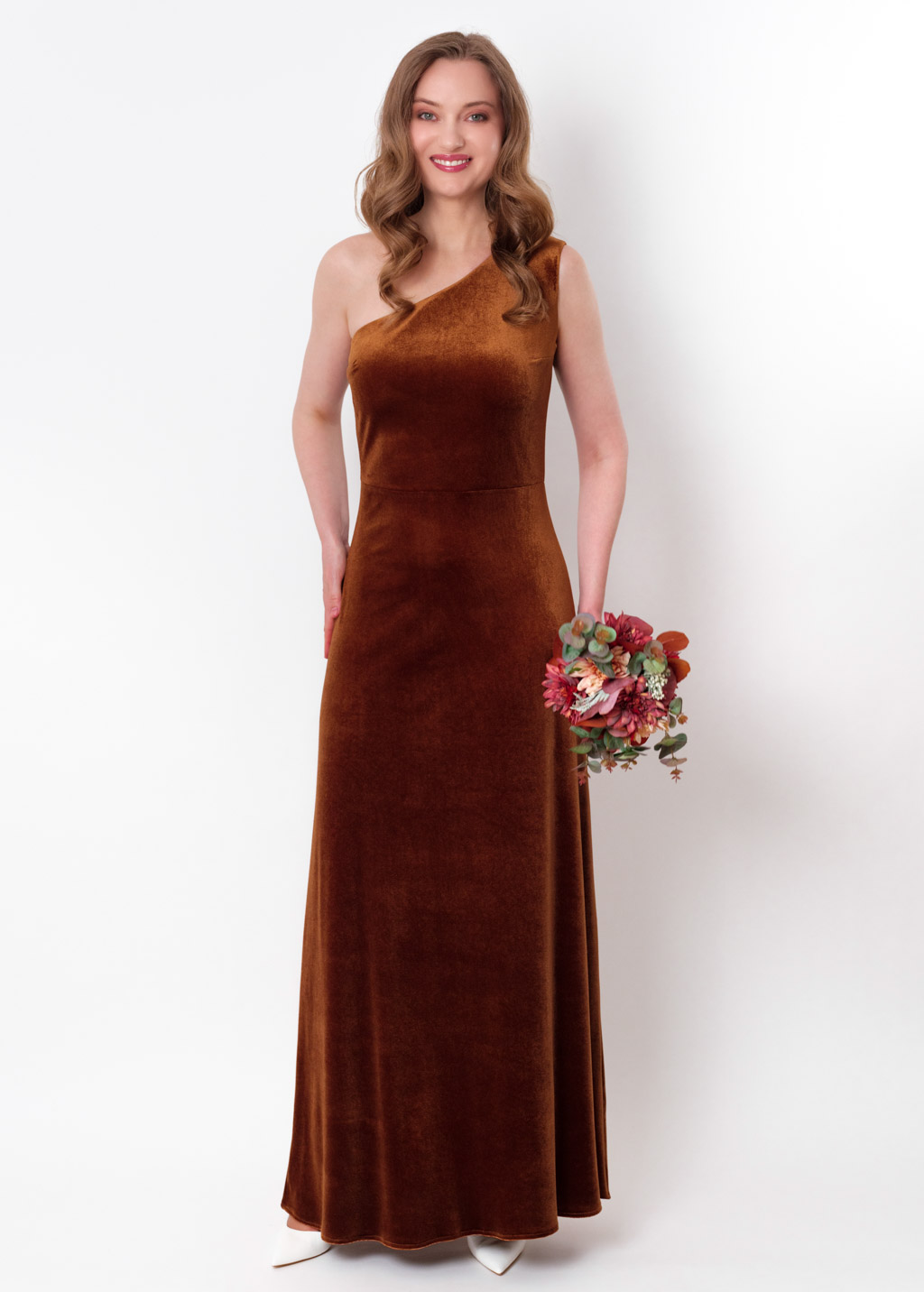 Rust gold velvet one shoulder dress