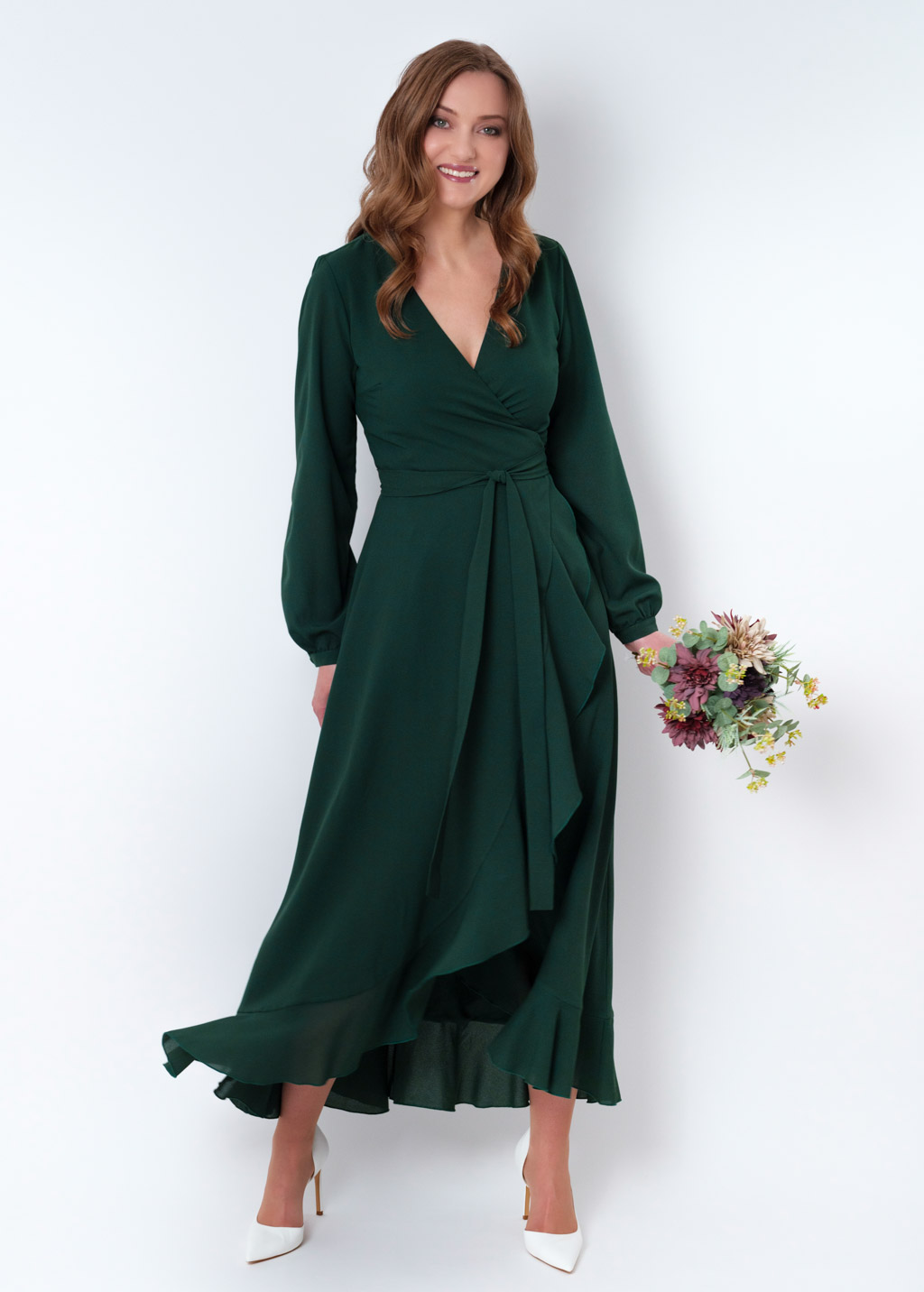 Dark green chiffon wrap dress