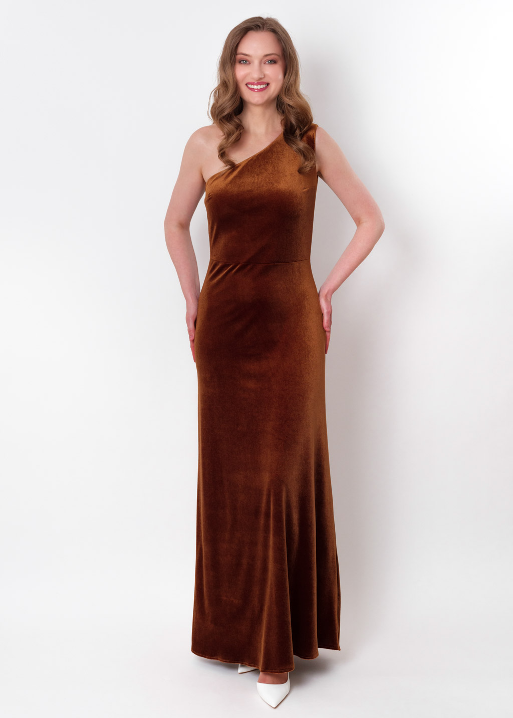 Rust gold velvet one shoulder dress