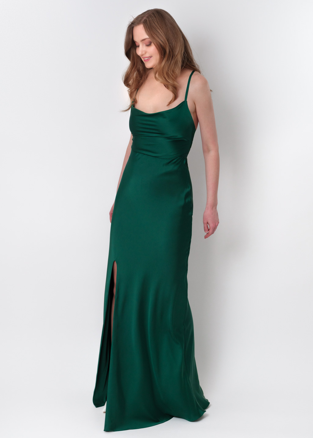 Dark green silk slip slit dress