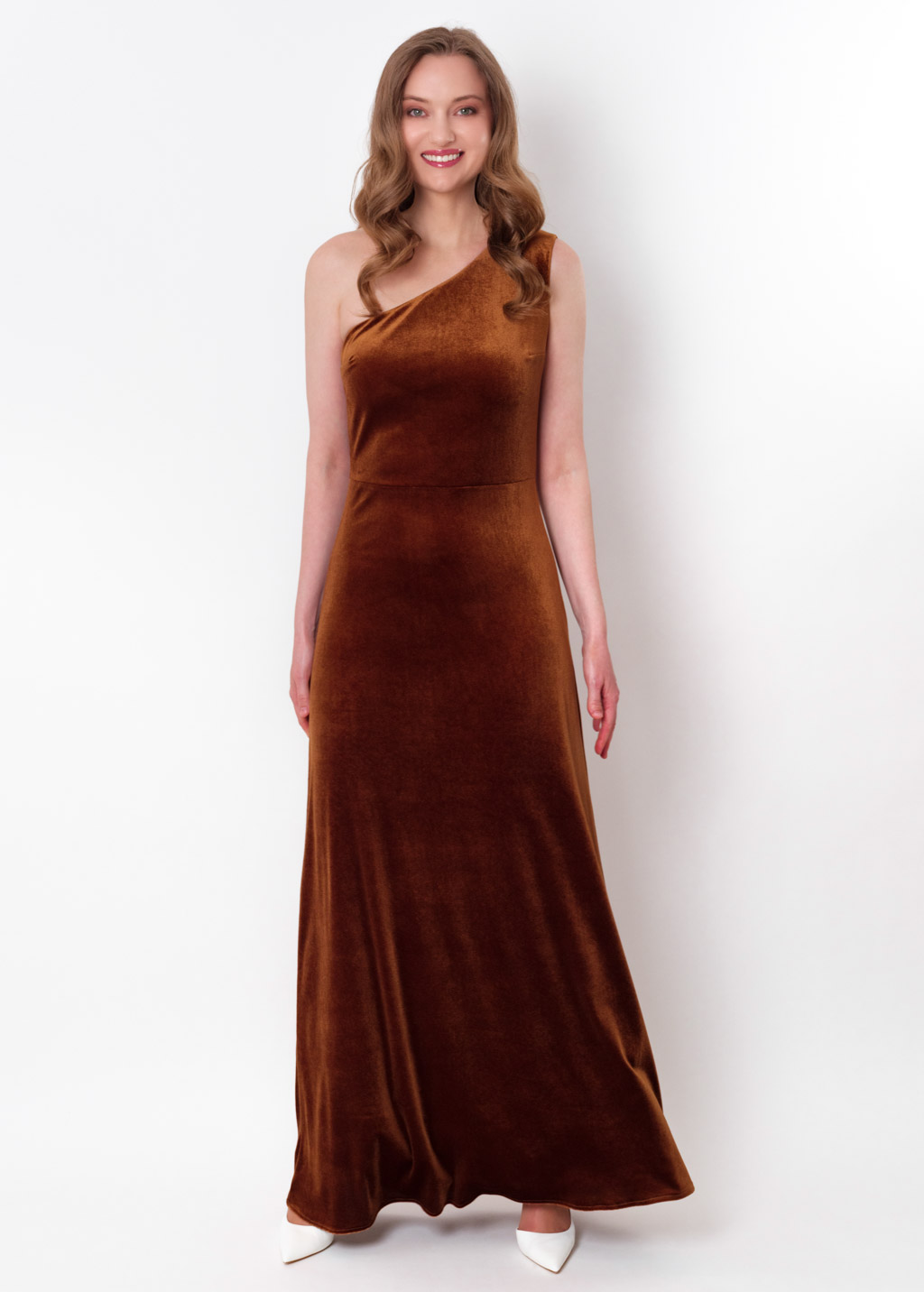 Rust gold velvet one shoulder dress