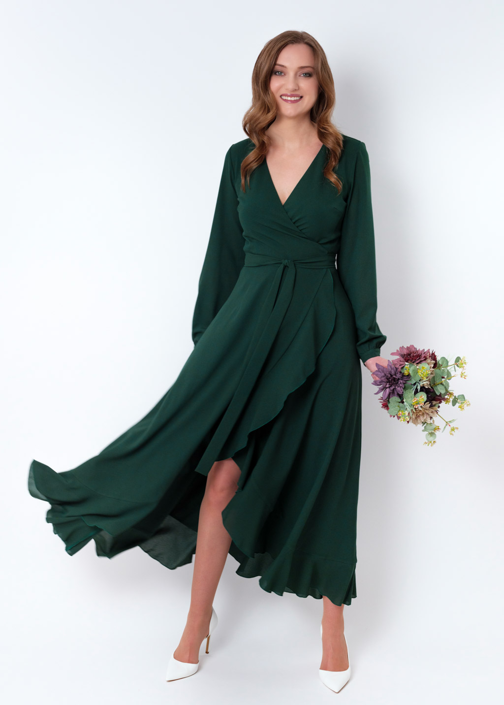 Dark green chiffon wrap dress