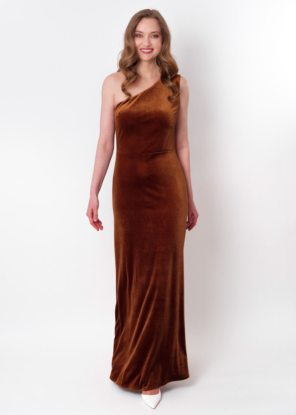 Rust gold velvet one shoulder dress