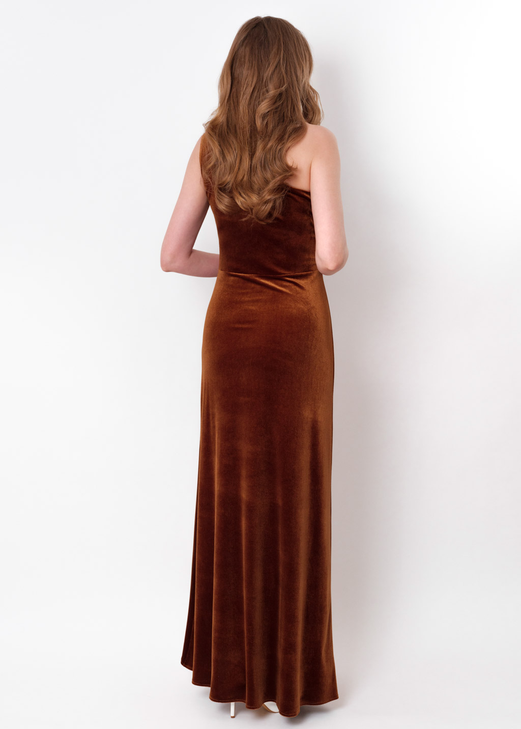 Rust gold velvet one shoulder dress