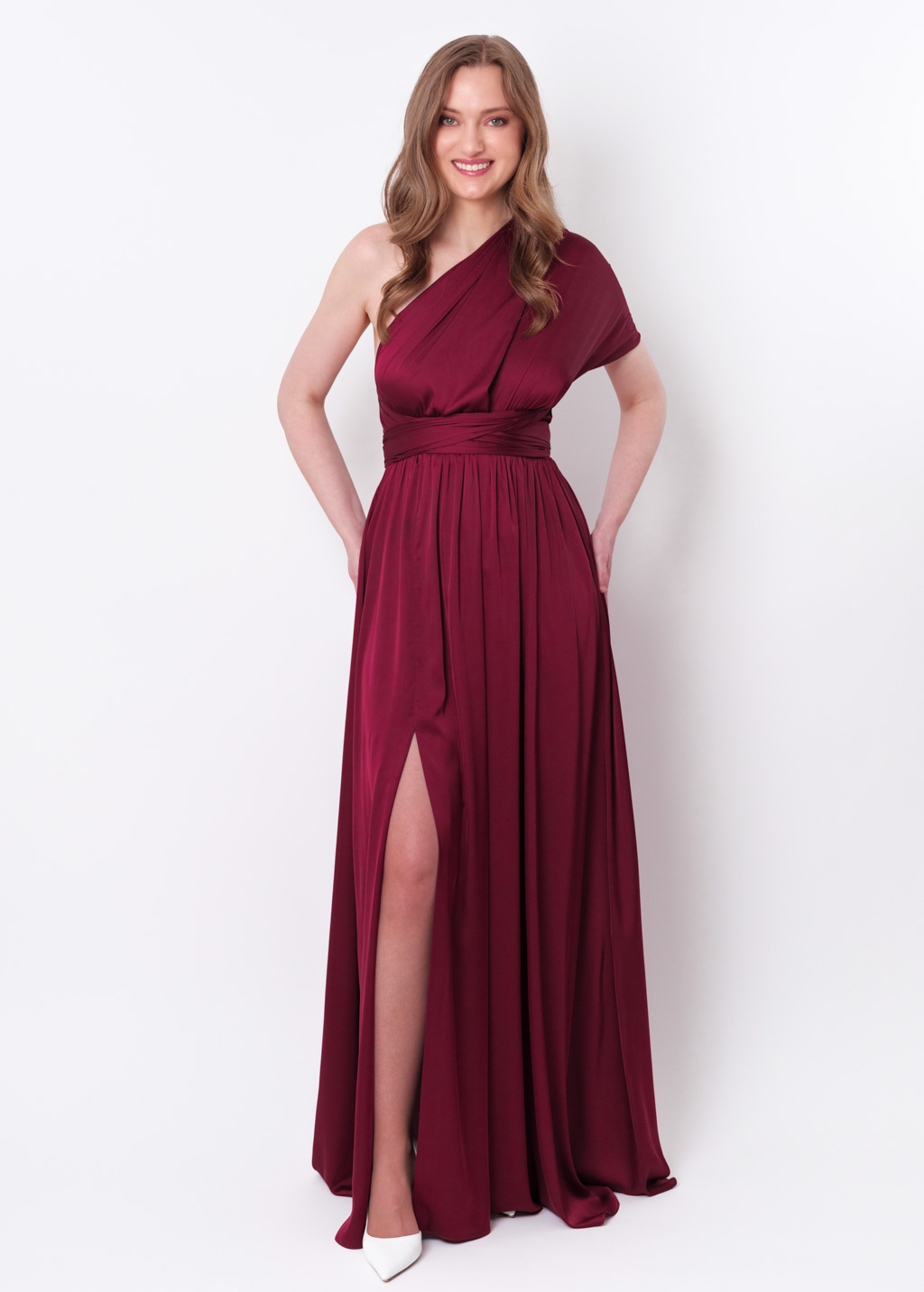 Burgundy slit infinity pleated dress