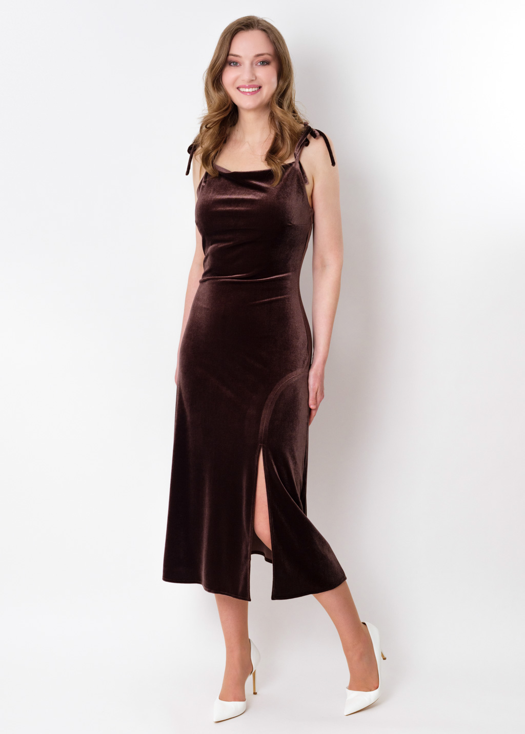 Chocolate brown slip slit velvet bodycon dress