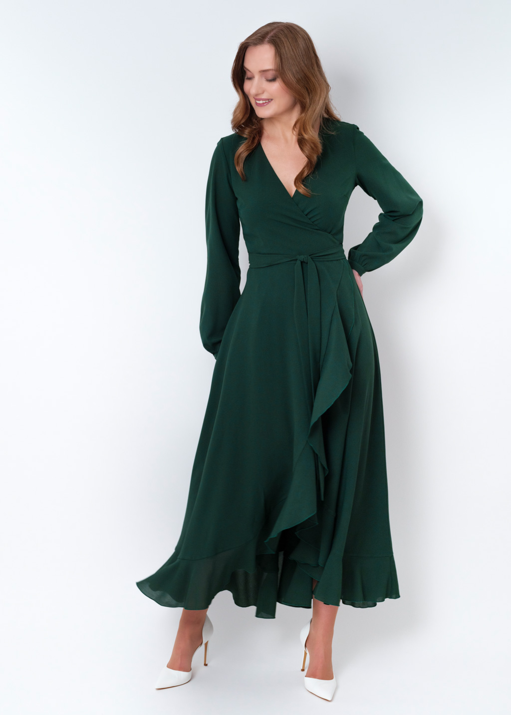 Dark green chiffon wrap dress