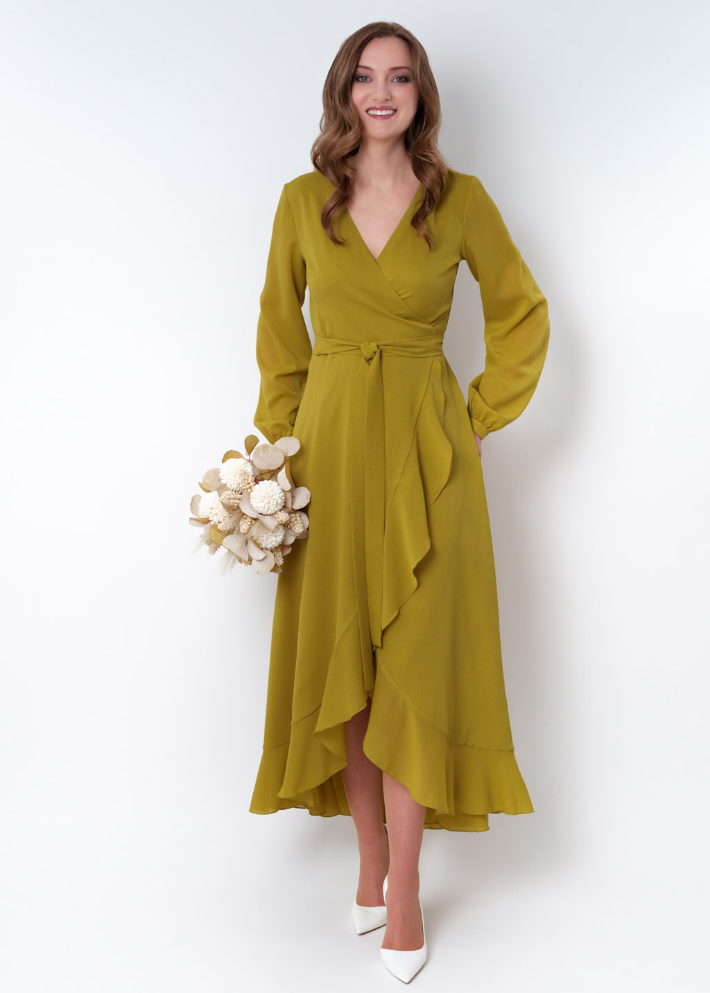 Yellow olive chiffon wrap dress