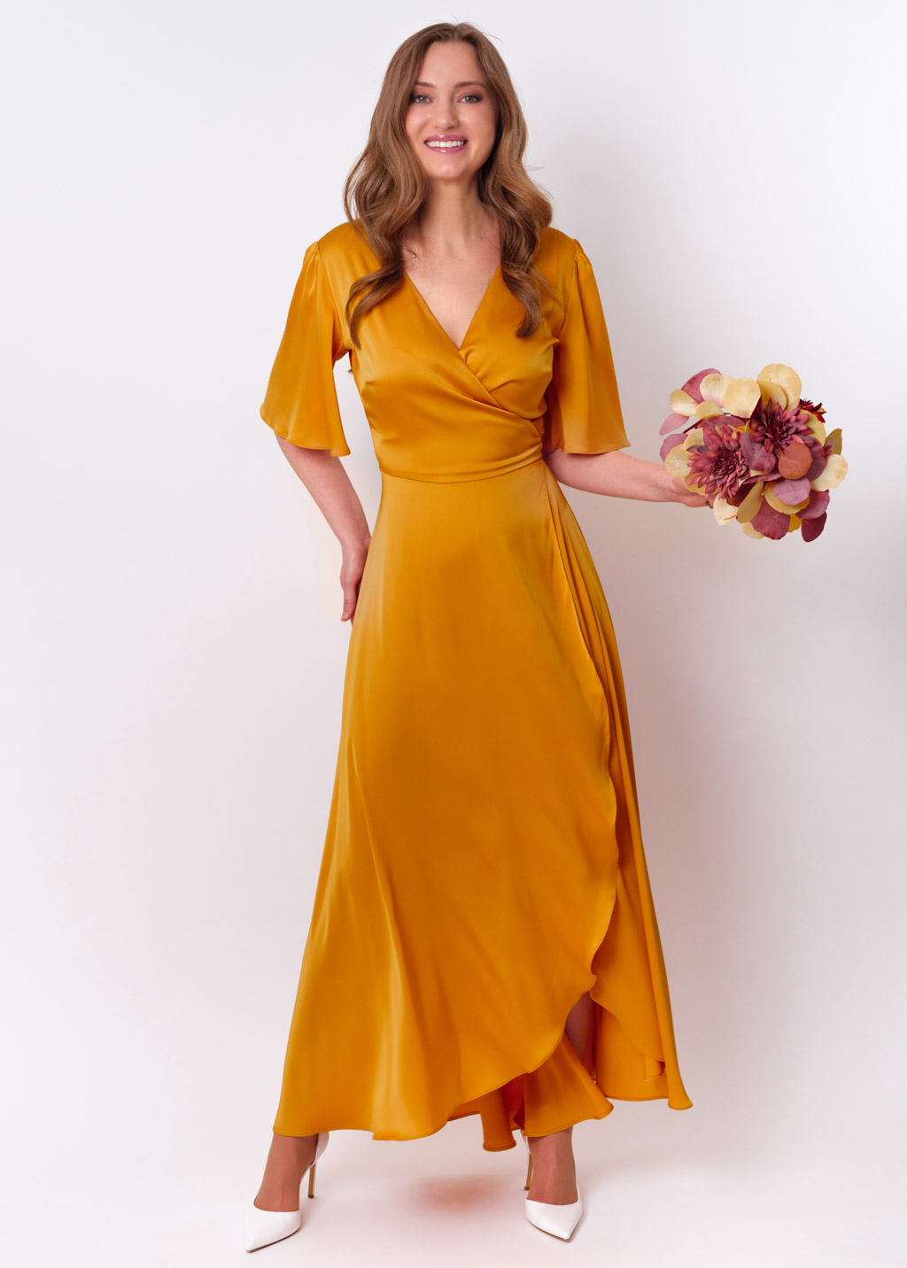 Gold silk long wrap dress