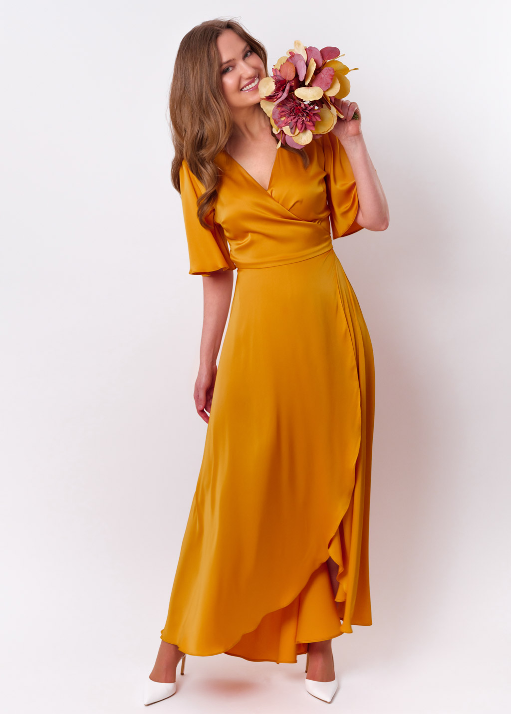 Gold silk long wrap dress