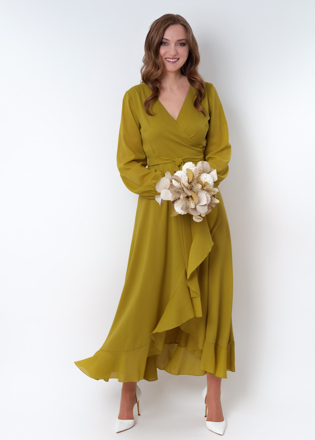 Yellow olive chiffon wrap dress