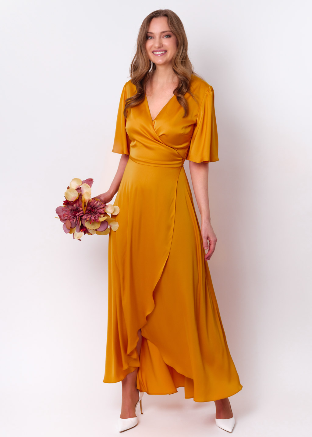 Gold silk long wrap dress
