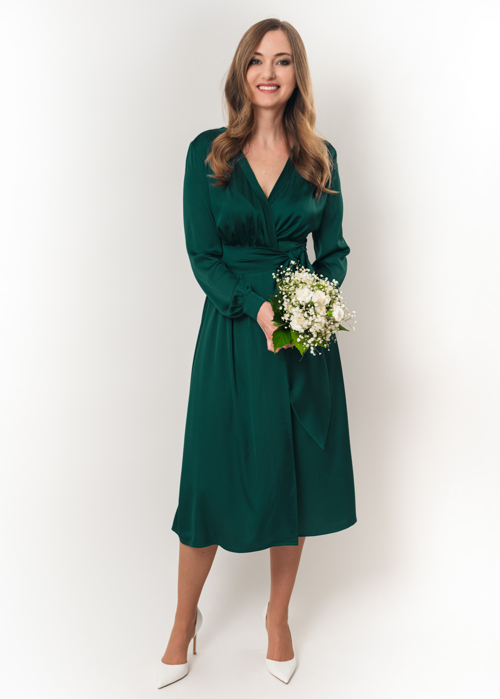 Dark green wrap silk dress