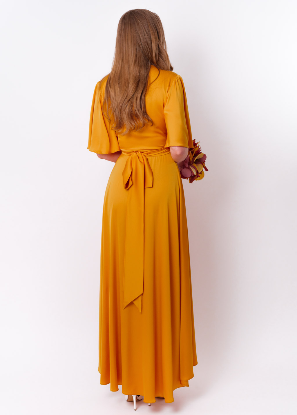 Gold silk long wrap dress