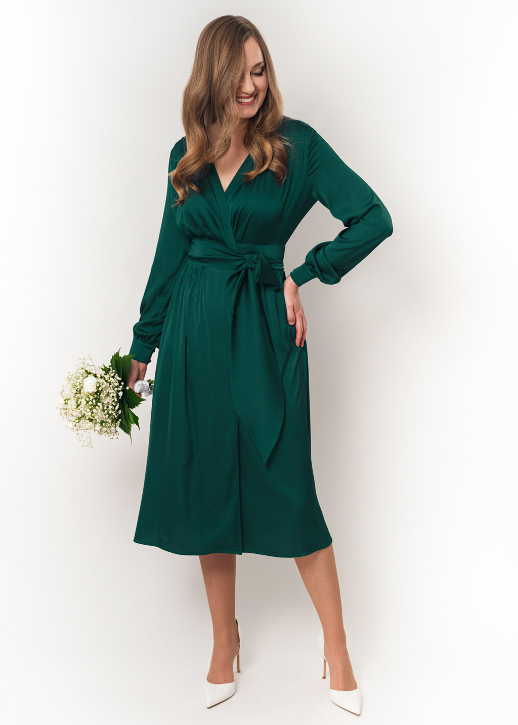 Dark green wrap silk dress