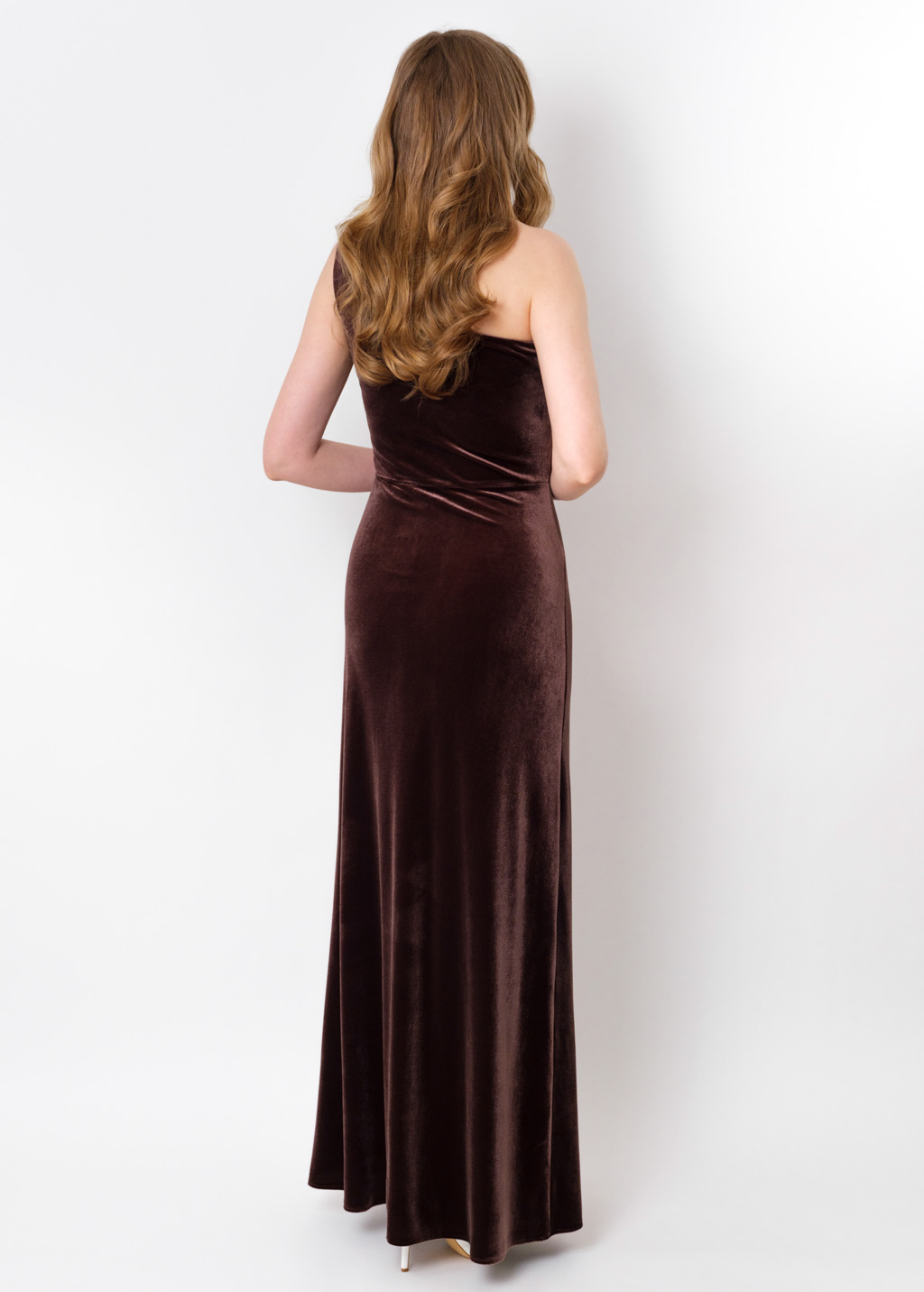 Chocolate brown velvet one shoulder slit dress