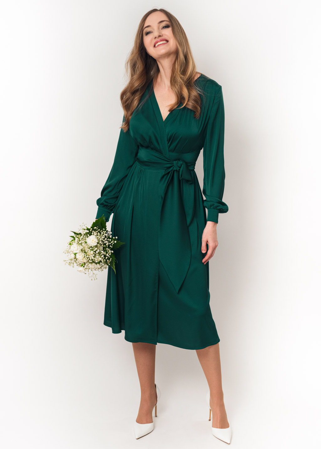 Dark green wrap silk dress