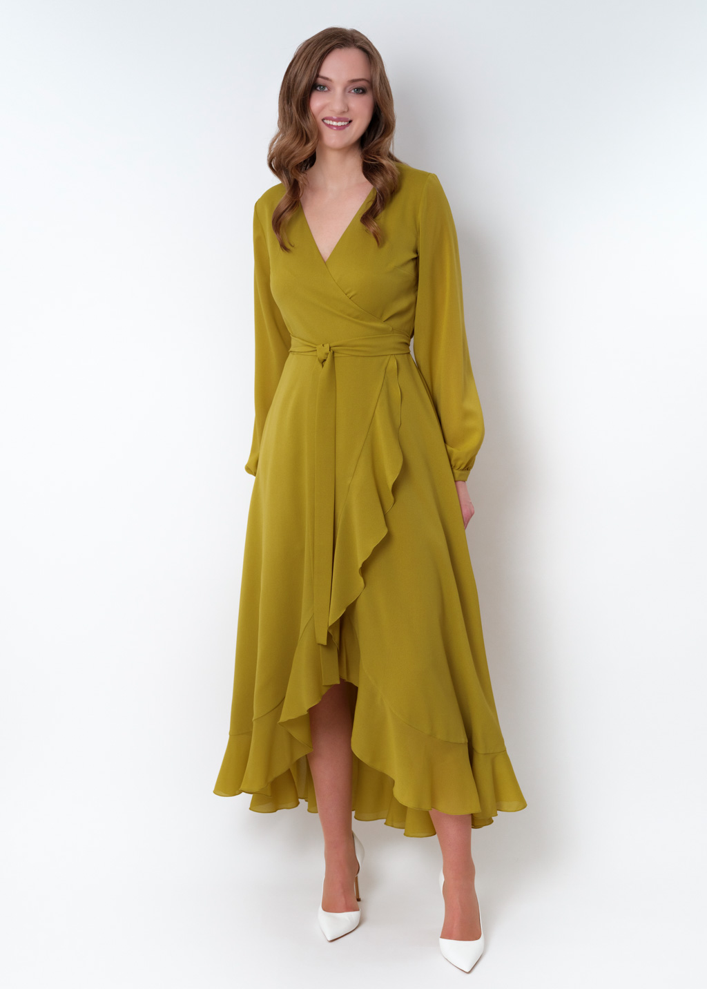 Yellow olive chiffon wrap dress