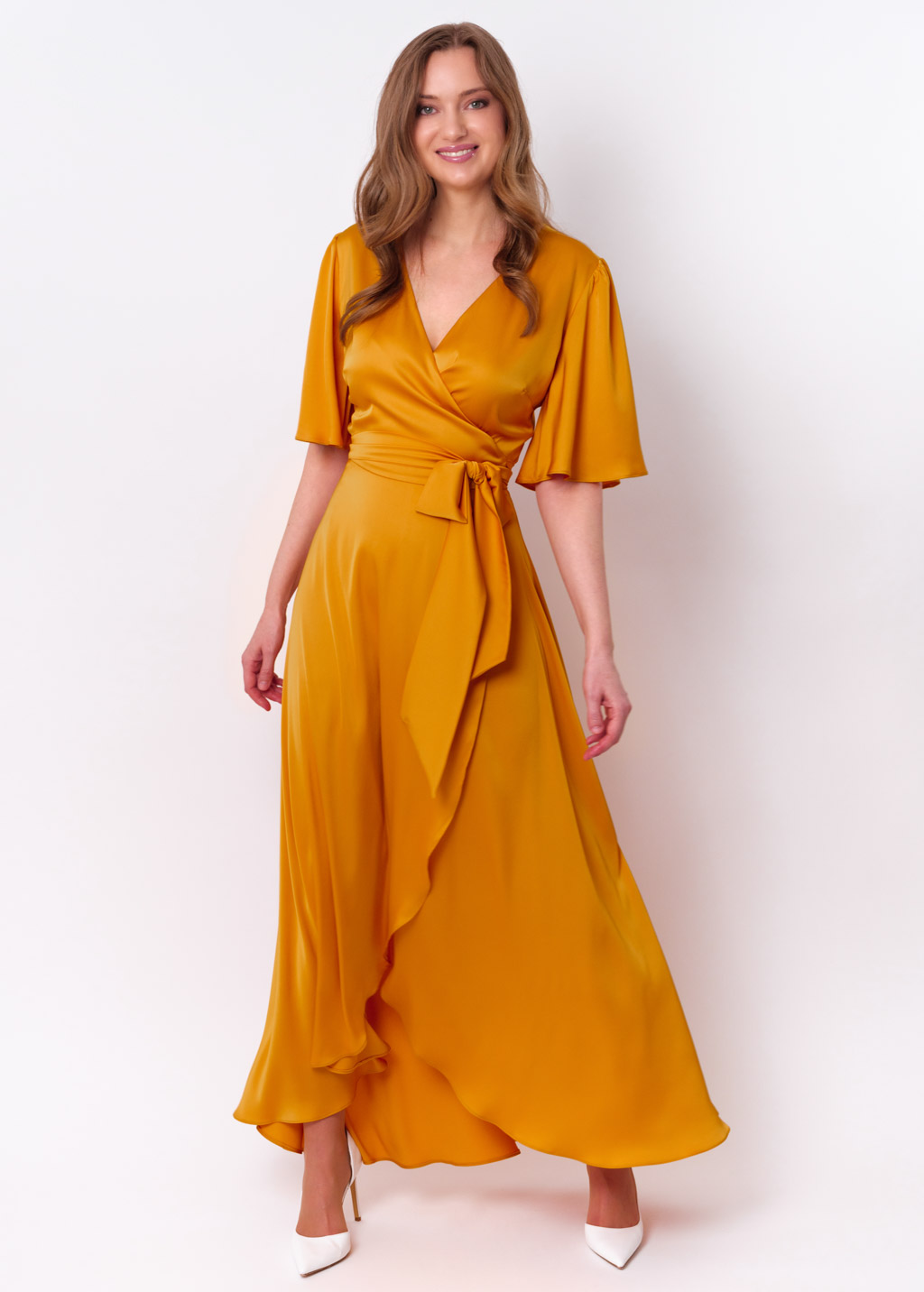 Gold silk long wrap dress