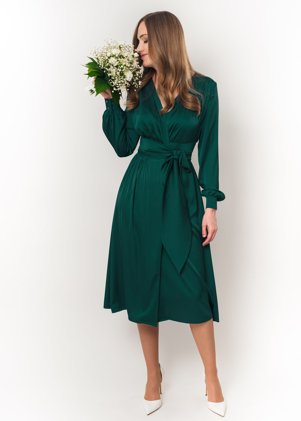 Dark green wrap silk dress