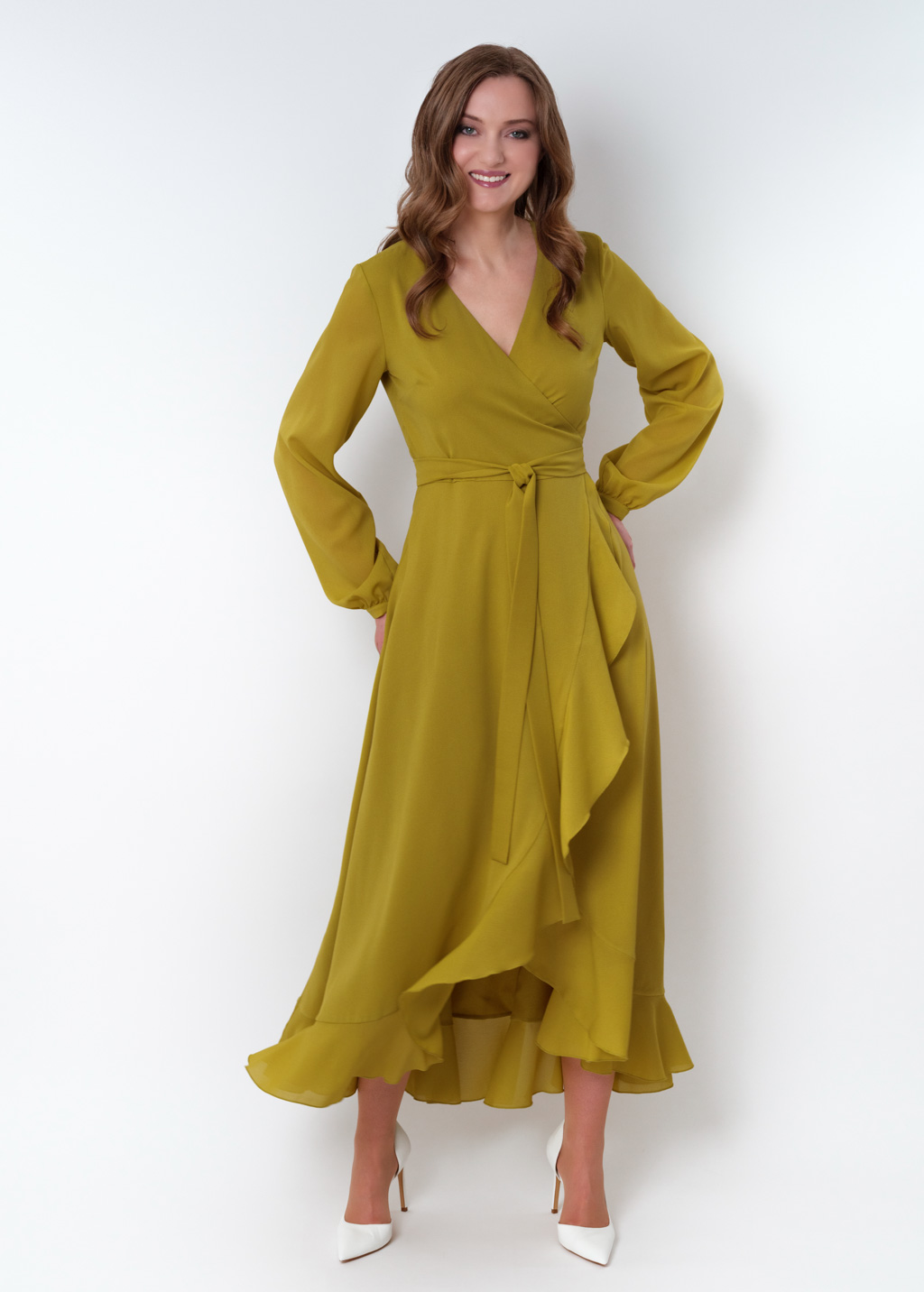 Yellow olive chiffon wrap dress