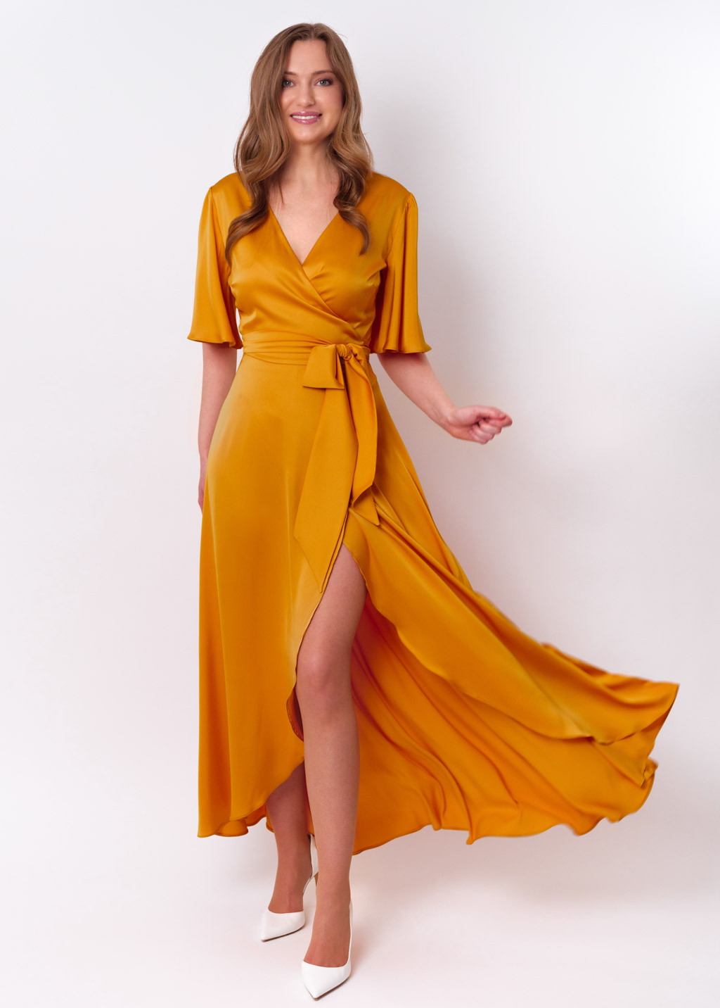 Gold silk long wrap dress