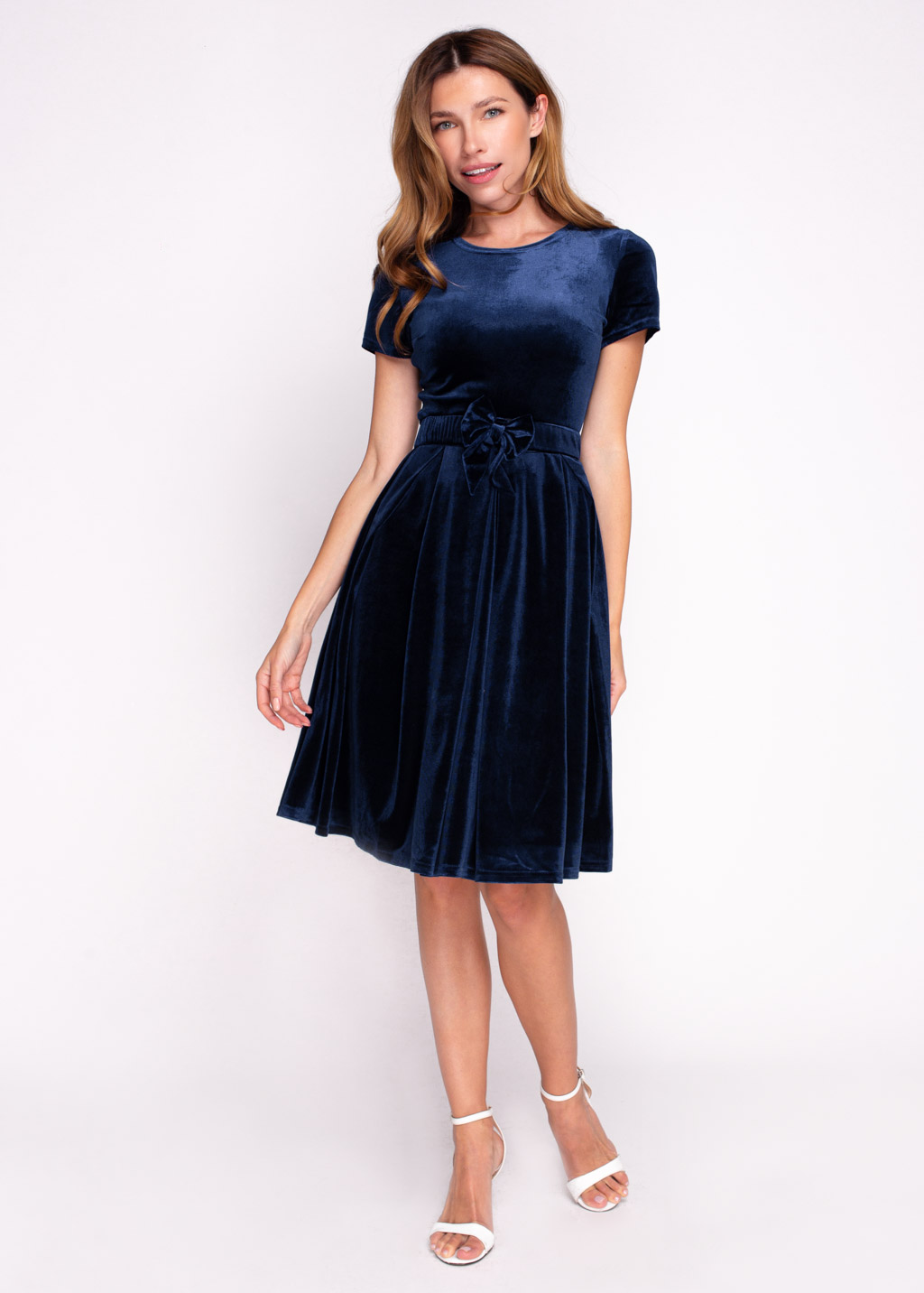 Navy blue velvet dress with belt