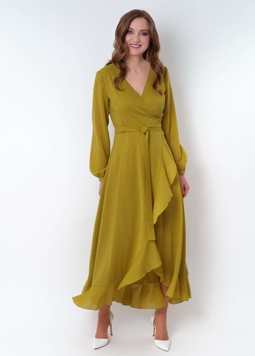 Yellow olive chiffon wrap dress