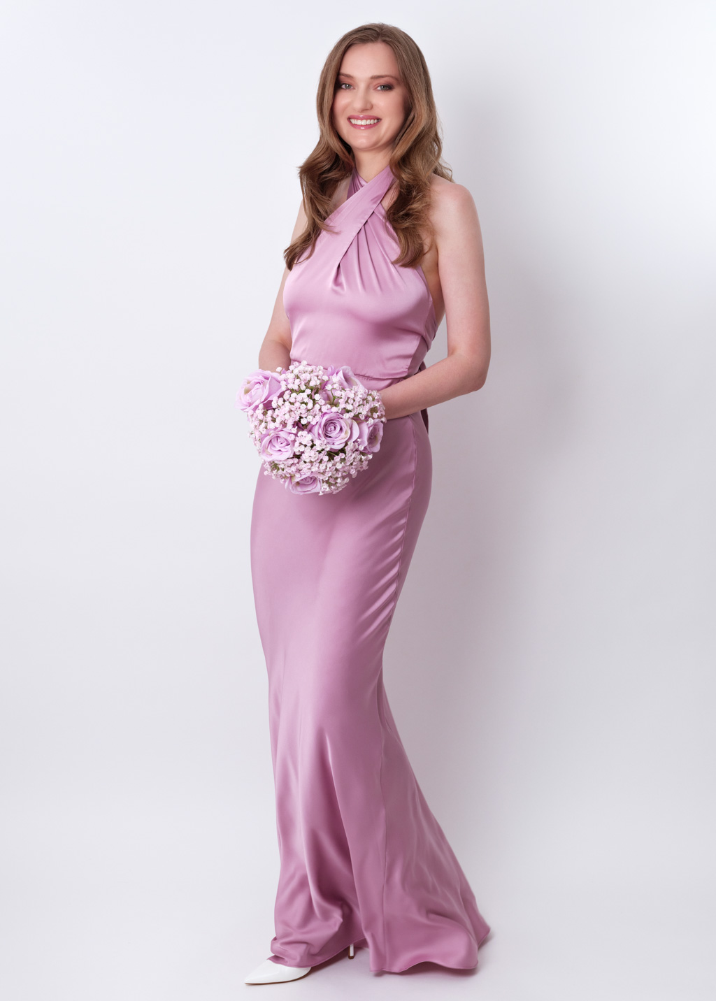 Rose pink silk long halter dress