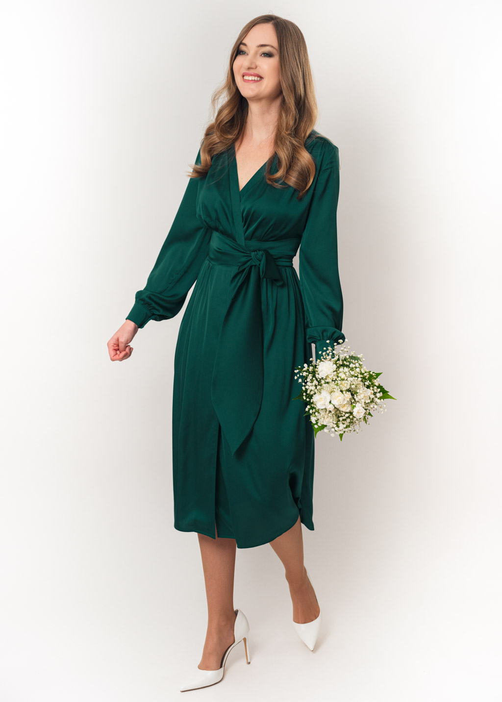 Dark green wrap silk dress