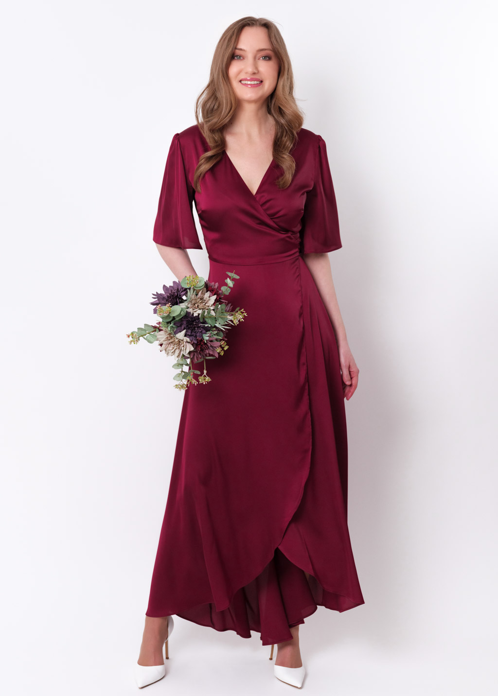 Burgundy silk long wrap dress