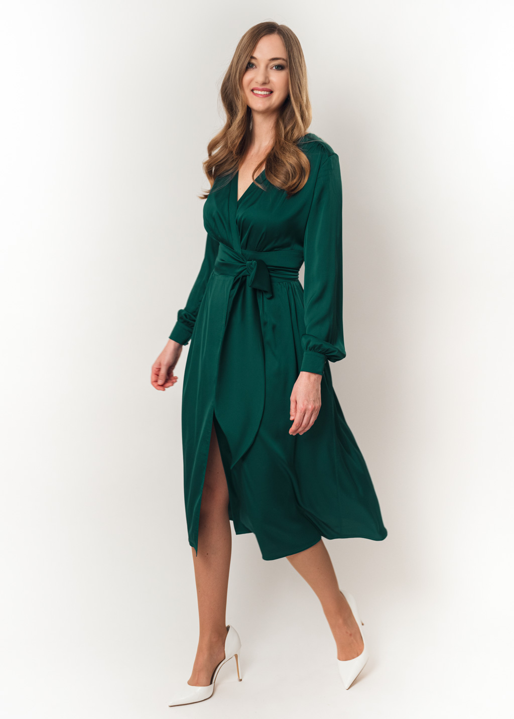 Dark green wrap silk dress