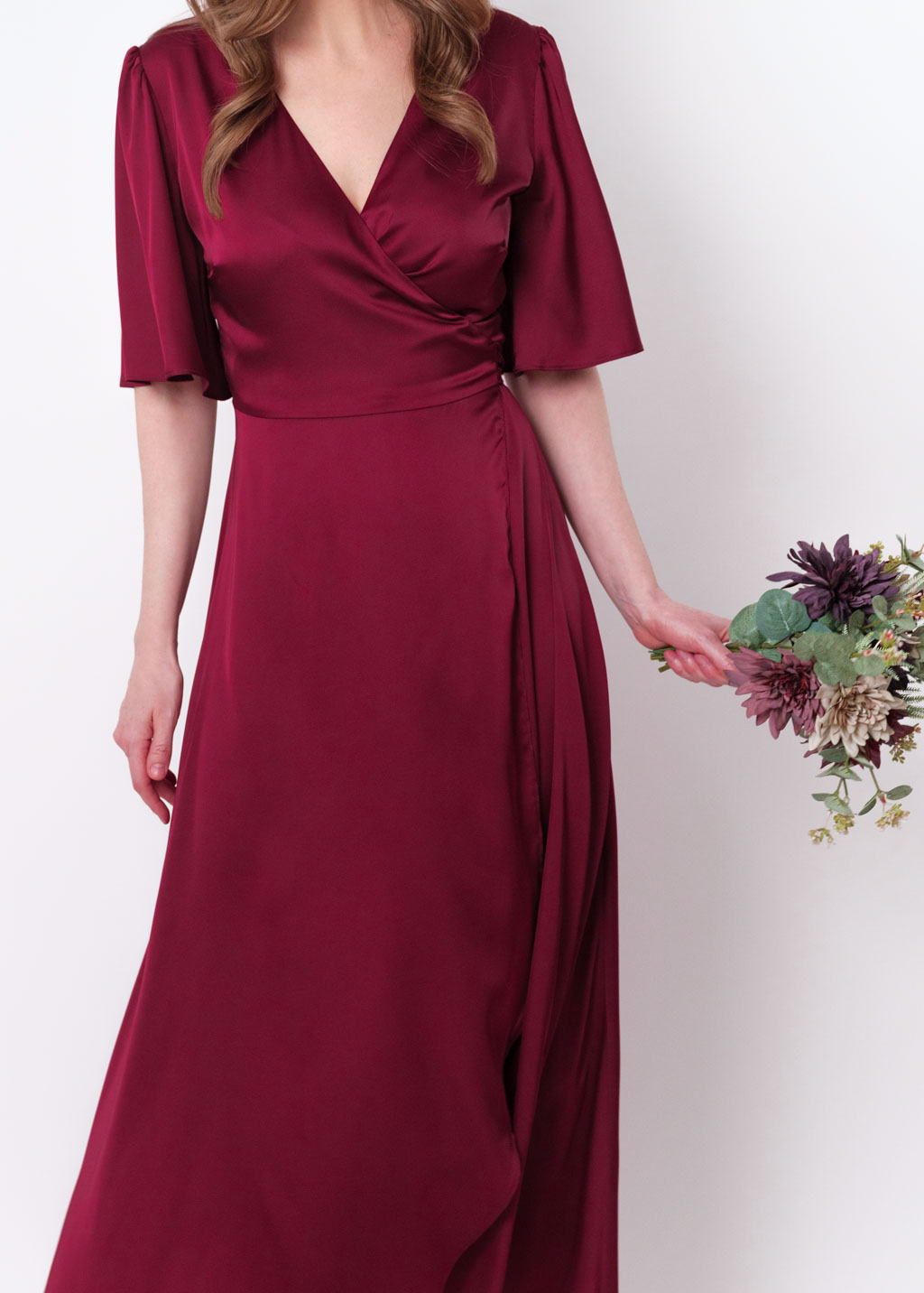 Burgundy silk long wrap dress