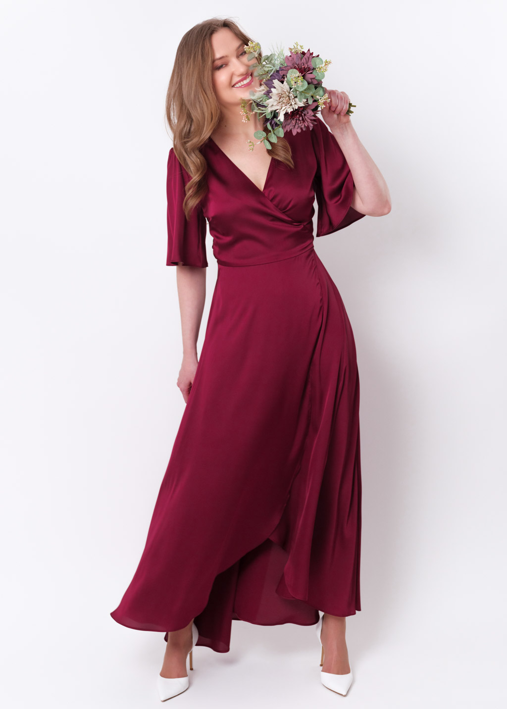 Burgundy silk long wrap dress