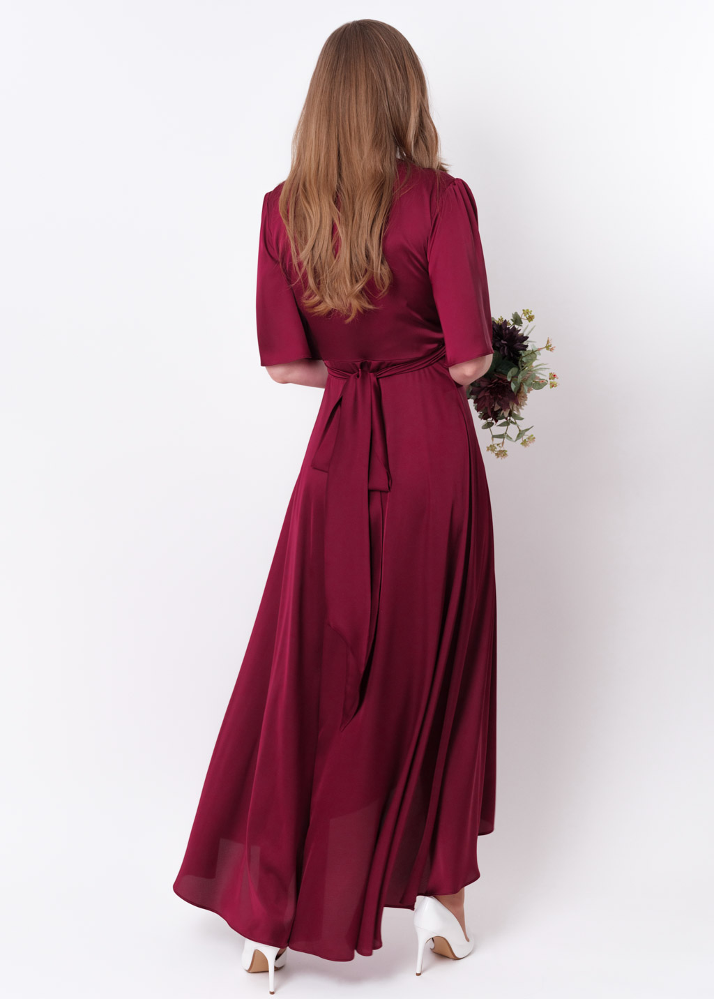 Burgundy silk long wrap dress