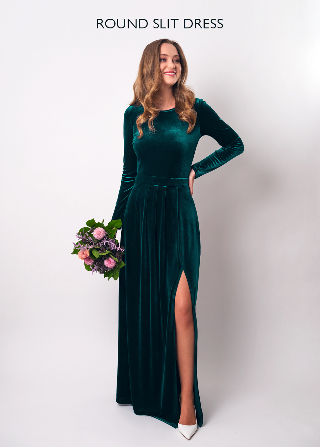 Olive green velvet slit dress