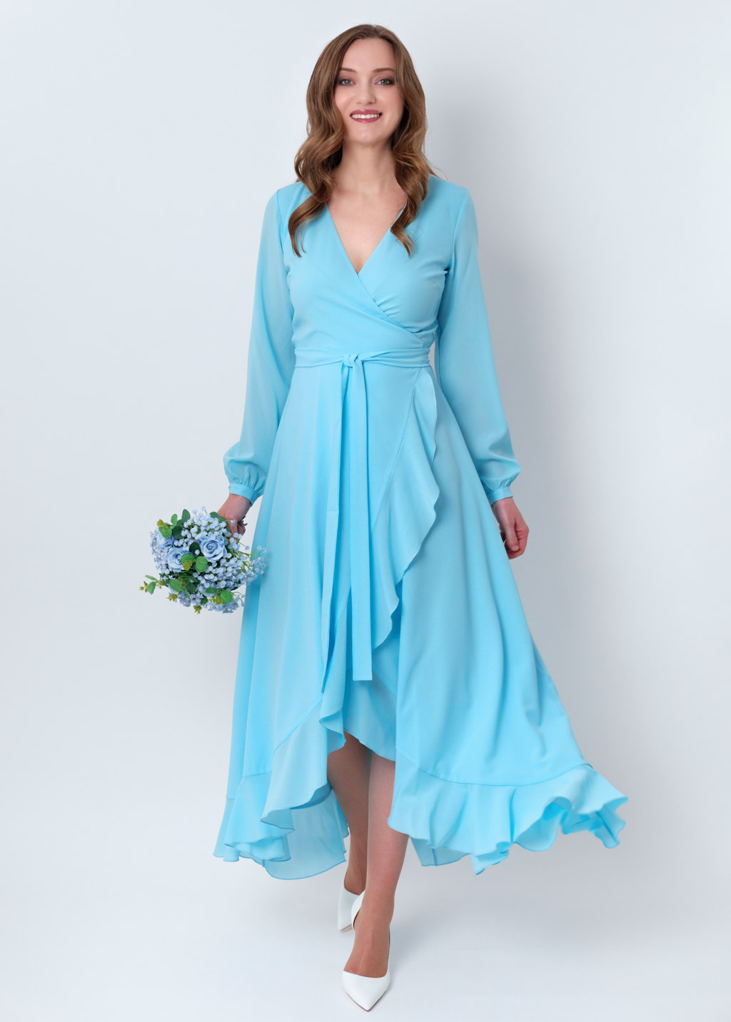 Sky blue chiffon wrap dress