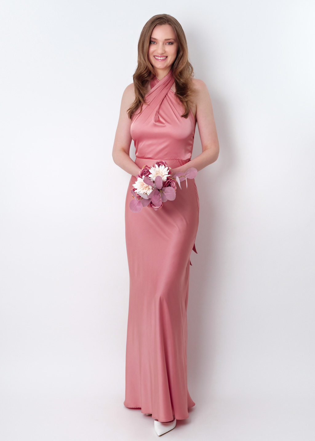 Blush pink silk long halter dress