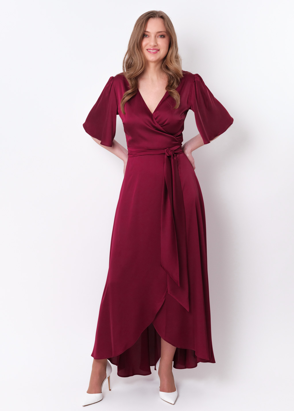 Burgundy silk long wrap dress