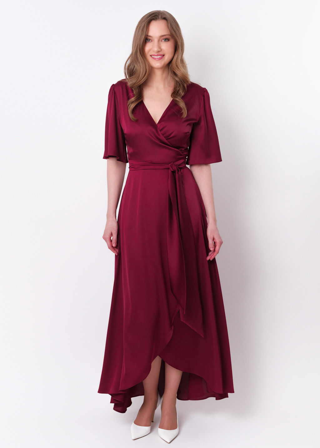 Burgundy silk long wrap dress