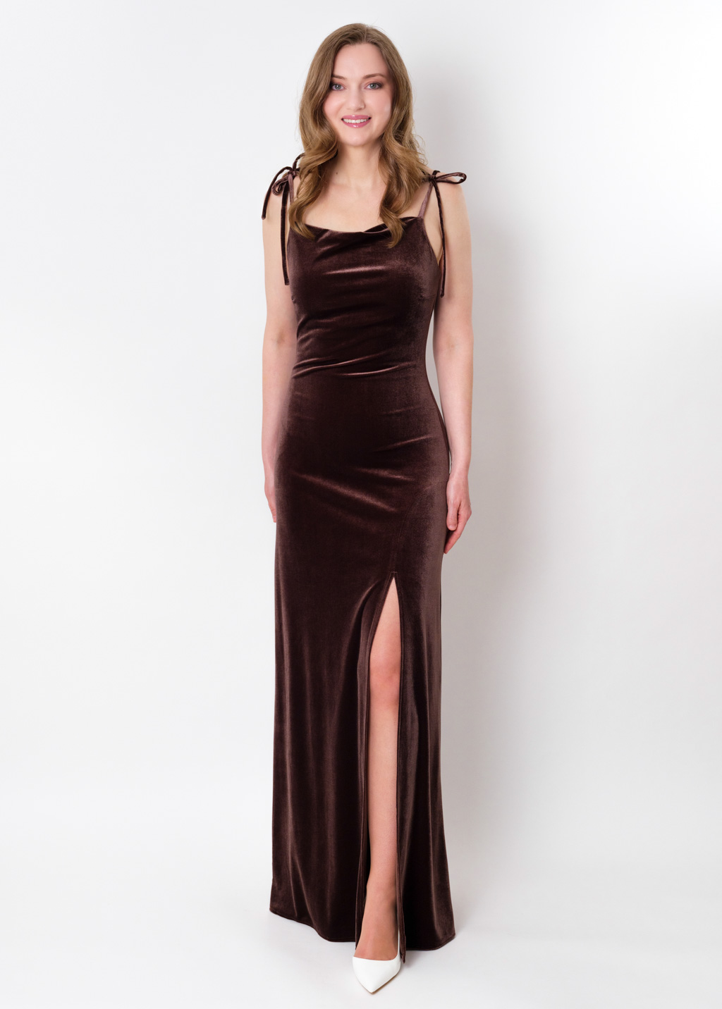 Chocolate brown slip slit velvet bodycon long dress