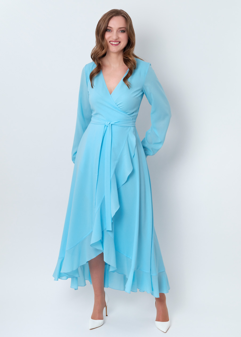 Sky blue chiffon wrap dress