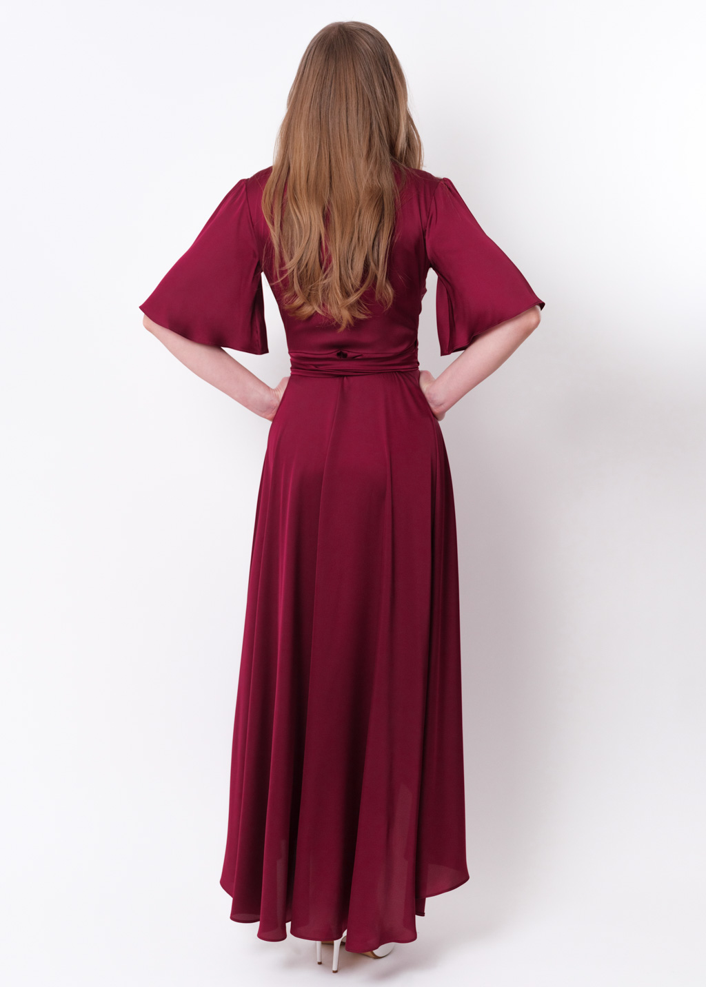 Burgundy silk long wrap dress