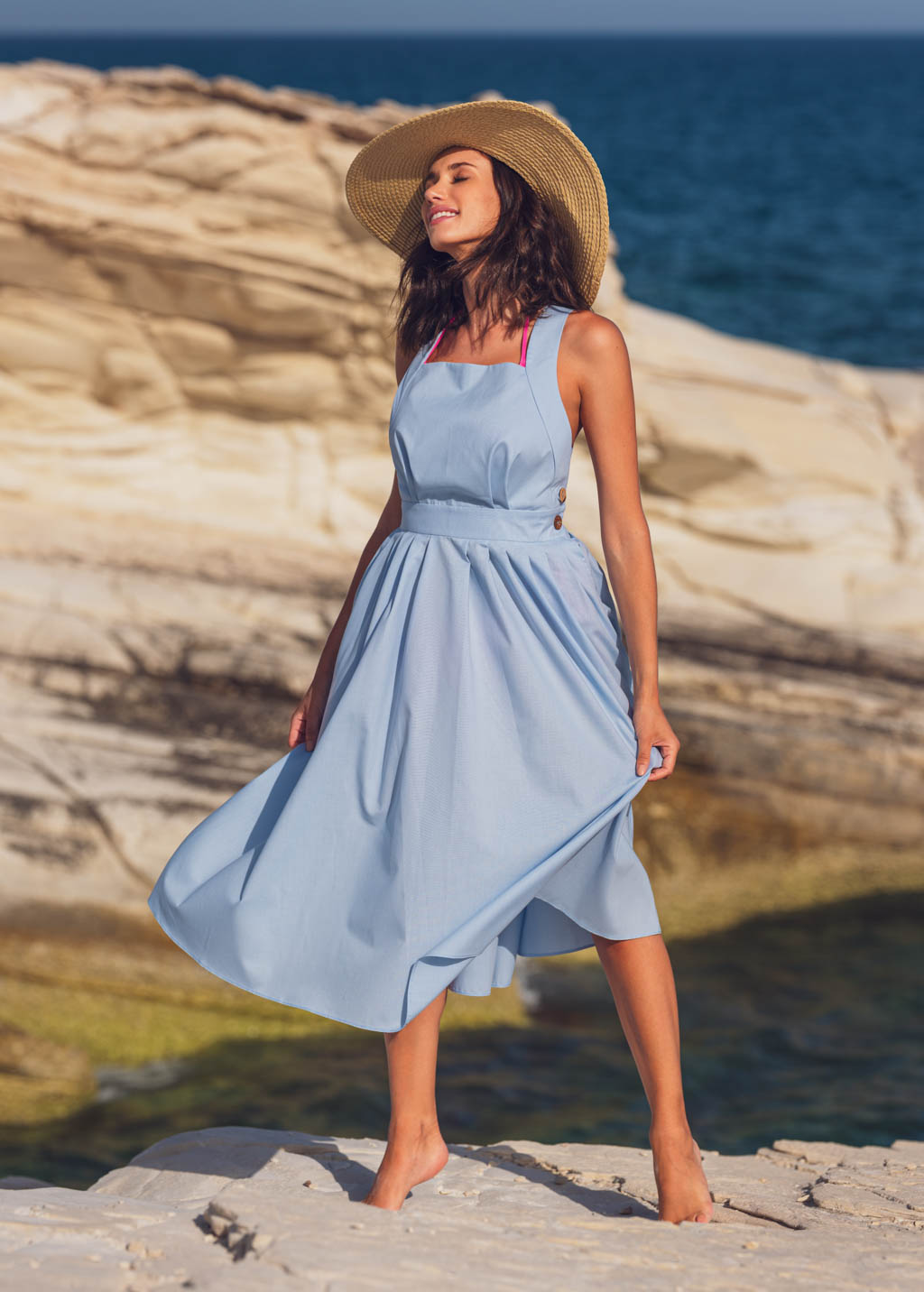 Blue organic cotton cross-back dress
