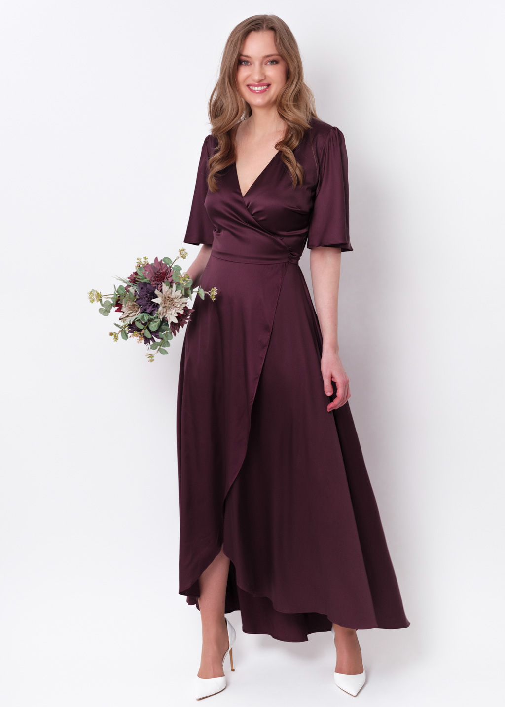 Dark burgundy silk long wrap dress