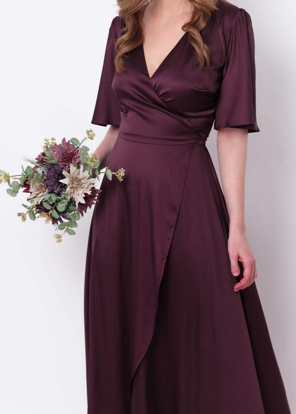 Dark burgundy silk long wrap dress